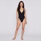 Textured V-Neck One Piece Swimsuit with Wide Straps Front Ring Detail High Cut Leg and Stretch Fit