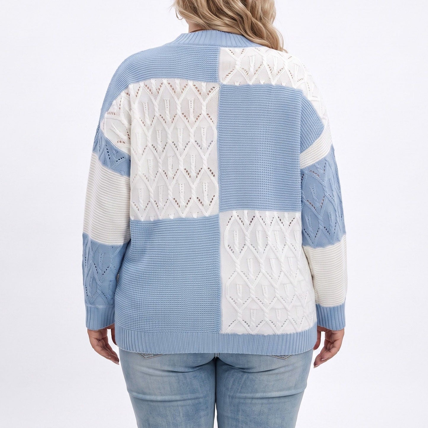 Plus Size Colorblock Pointelle Crewneck Sweater