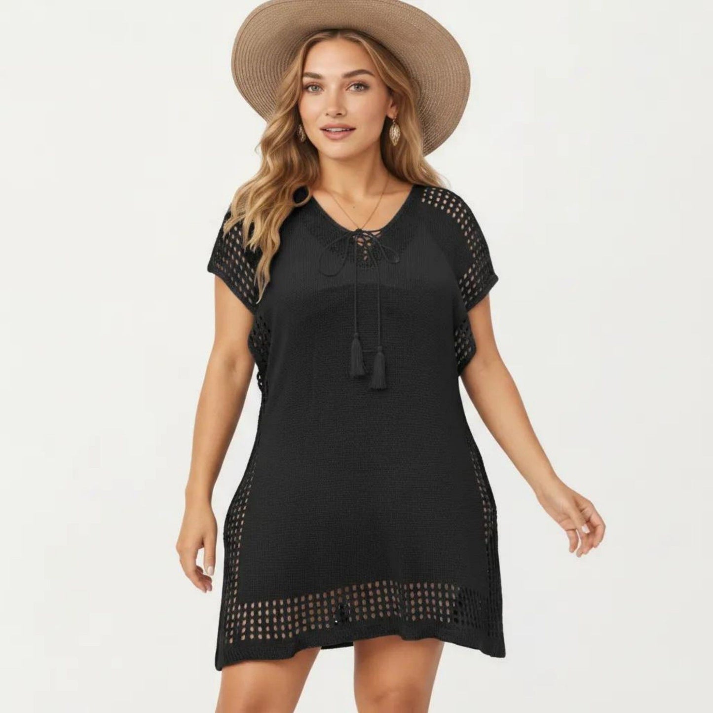 Knit Swim Cover Up Dress with Tassel Tie Neck Open Knit Trim and Relaxed Short Sleeves