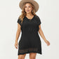 Knit Swim Cover Up Dress with Tassel Tie Neck Open Knit Trim and Relaxed Short Sleeves