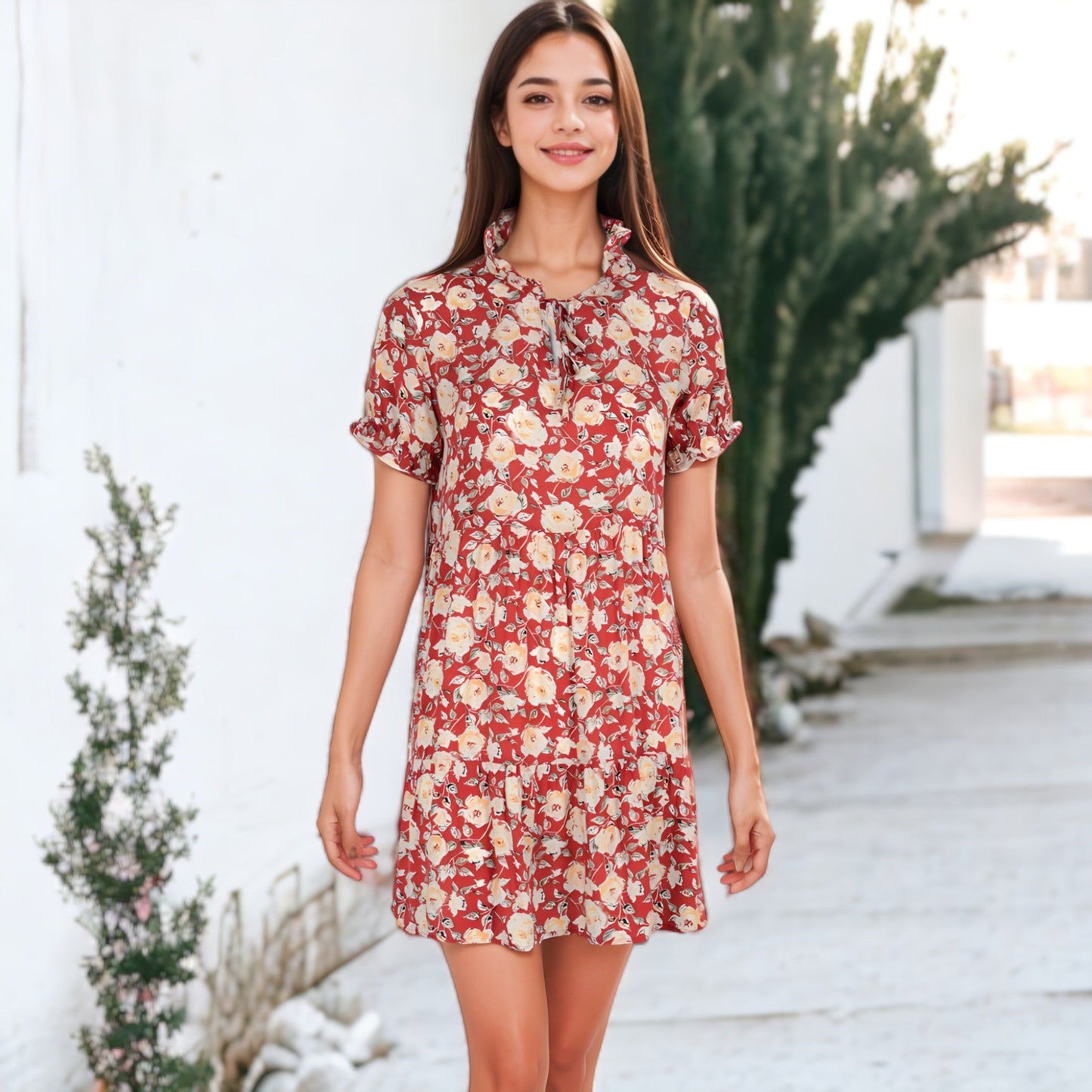 Boho Ruffle Sleeve Floral Print Tie Neck Sun Dress