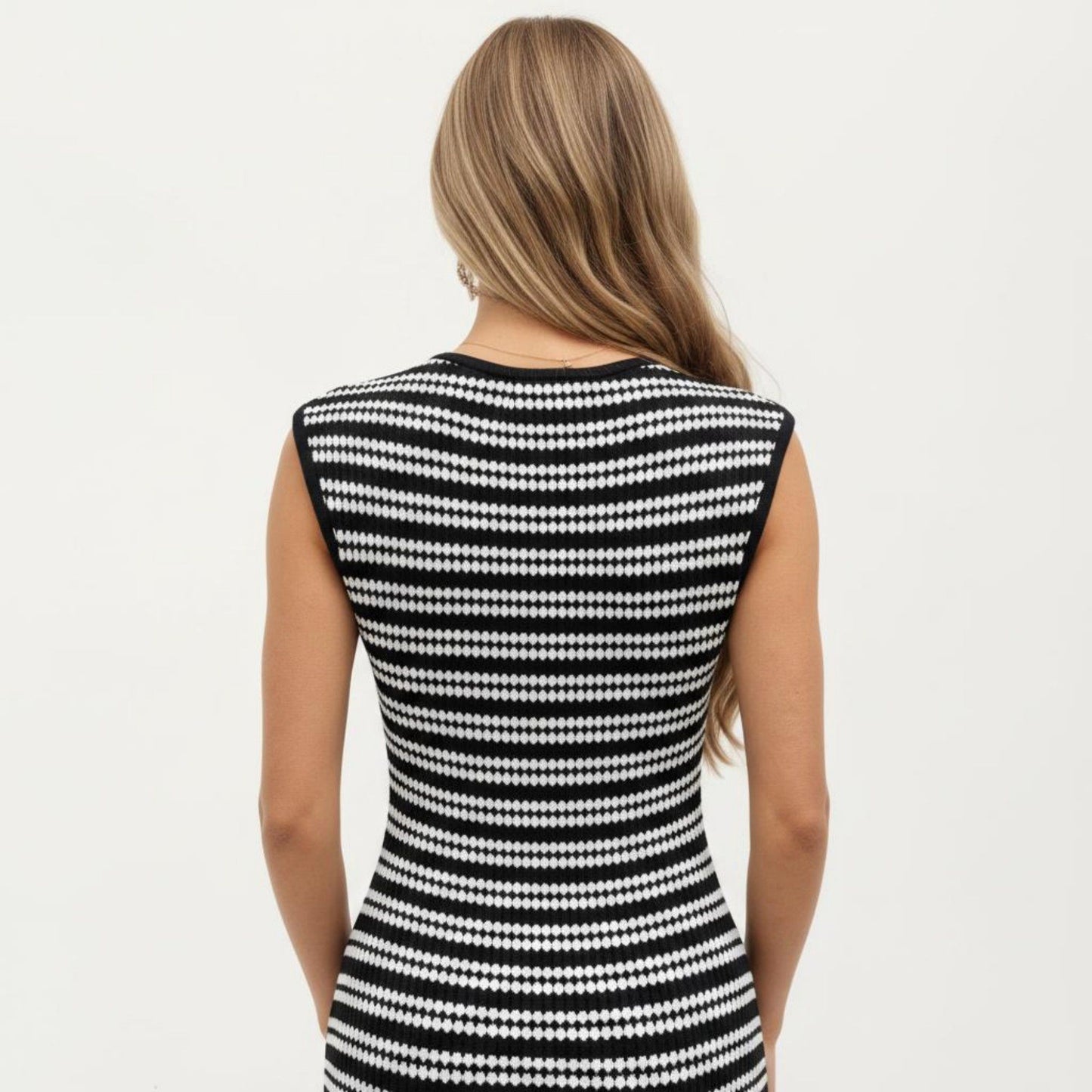 Sleeveless Crew Neck Striped Knit Column Maxi Dress