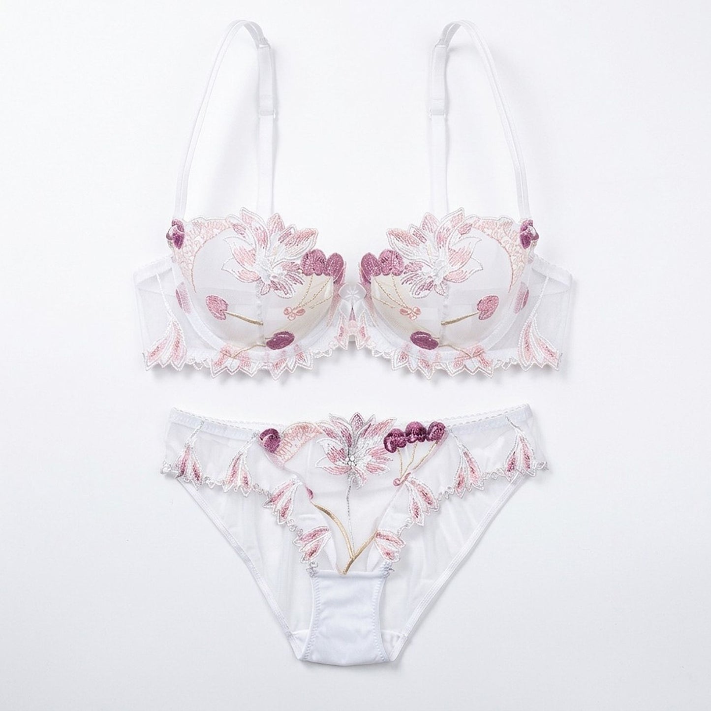 Floral Embroidered Sheer Mesh Underwire Bra and Panty Two Piece Lingerie Set