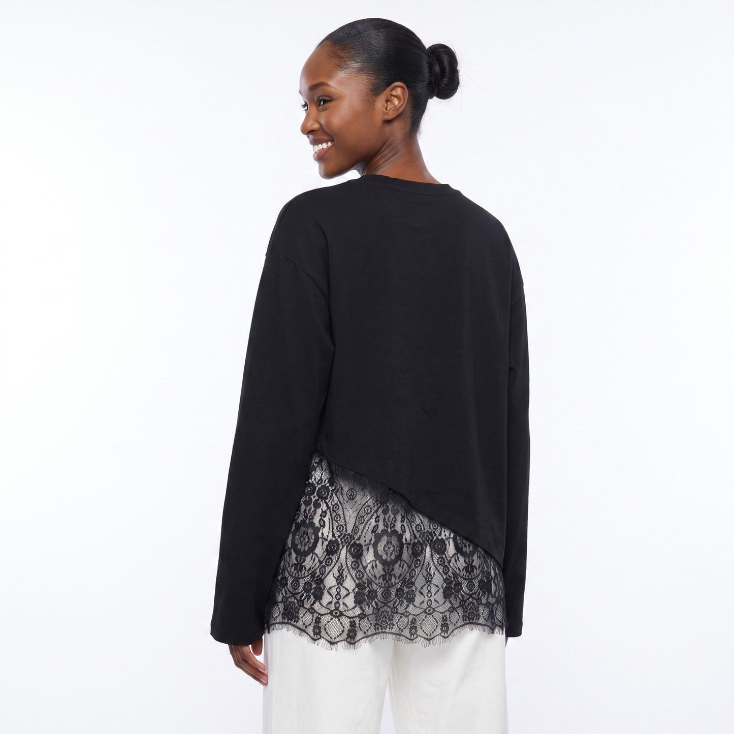 Asymmetrical Lace Hem Long Sleeve Top