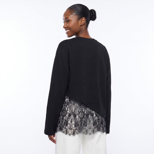 Asymmetrical Lace Hem Long Sleeve Top