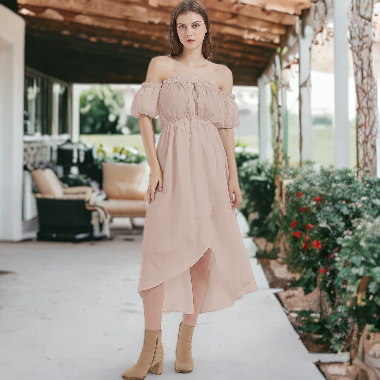 Casual Boho Lantern Sleeve Off Shoulder Fairy Midi Dress