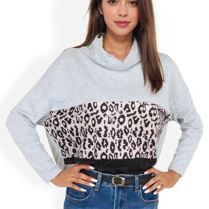 Long Sleeve Leopard Print Color Block Cowl Neck Top