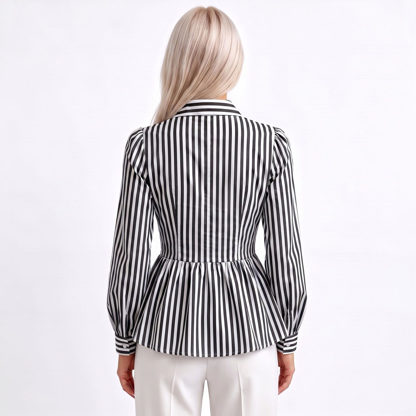 Striped Long Sleeve Button Down Peplum Shirt with Collared Neckline