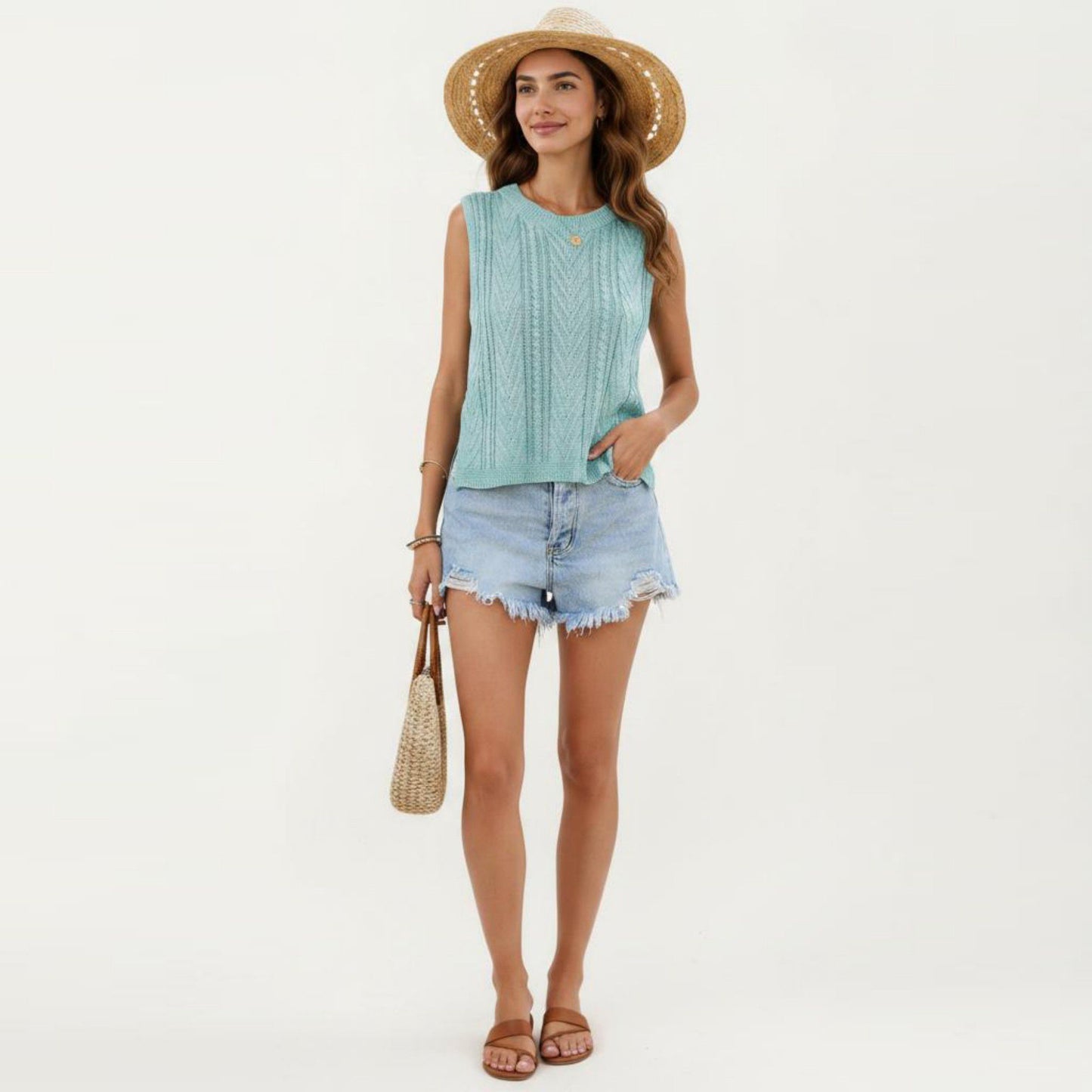 Sleeveless Cable Knit Top with Crew Neck and Ribbed Hem