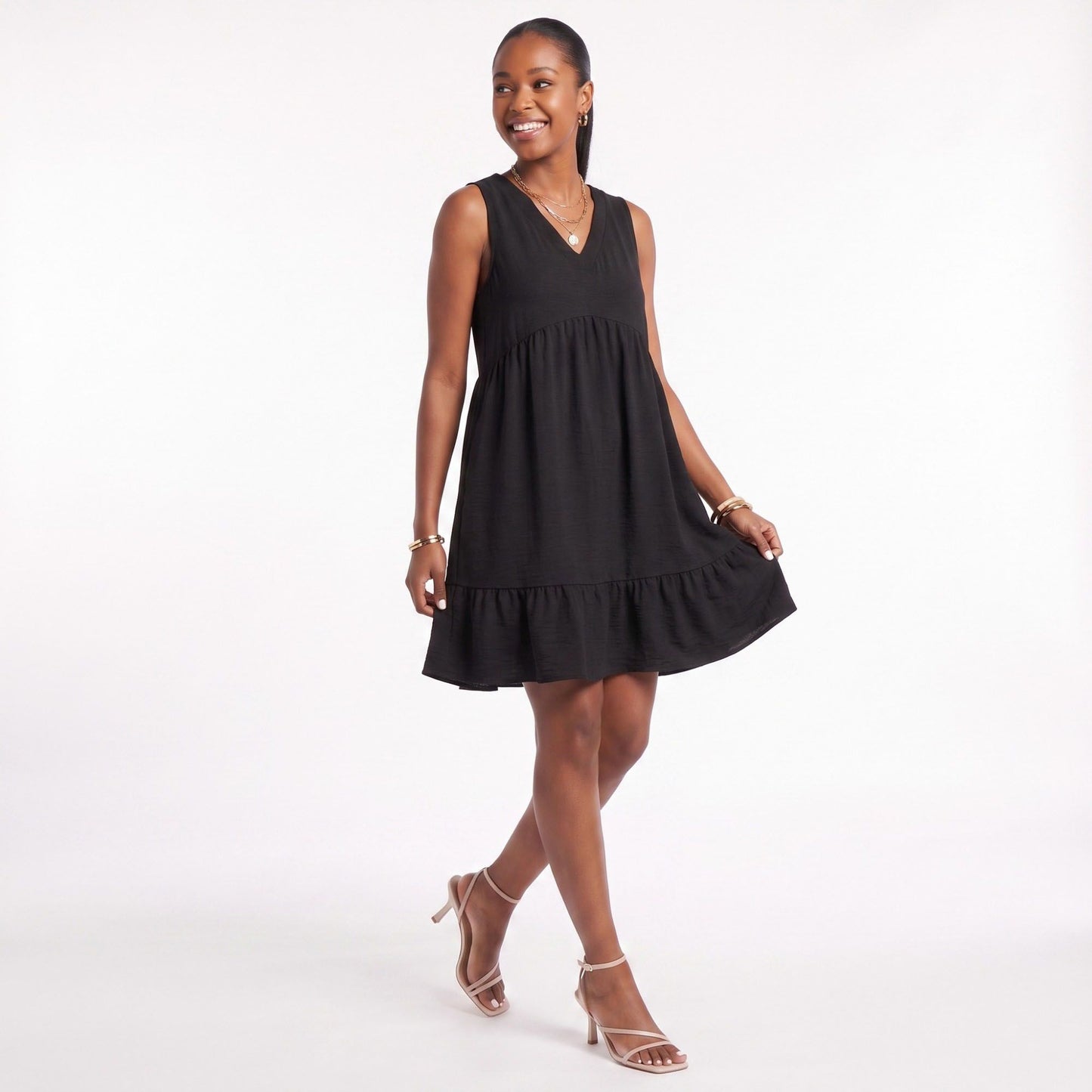 Sleeveless V-Neck Babydoll Ruffle Hem Dress with Pockets