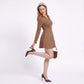 Brown Collared V Neck Long Sleeve Faux Suede Fit and Flare Mini Dress