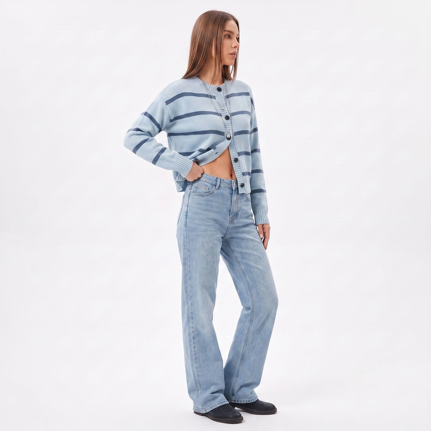 Striped Crewneck Button Front Knit Cardigan Sweater