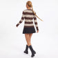 V Neck Striped Cable Knit Long Sleeve Sweater