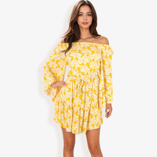 Off Shoulder Floral Print Dress Balloon Sleeves Ruffle Hem