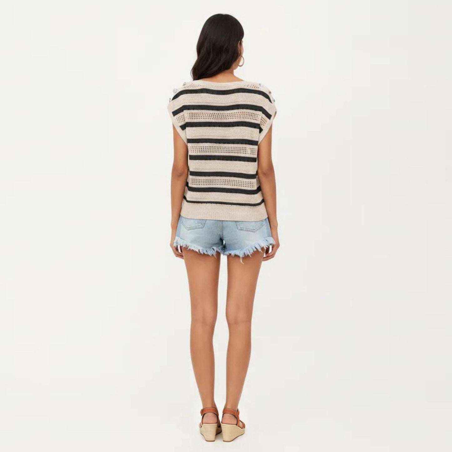 Short Sleeve Striped Open Knit Top with Button Shoulder Detail and Relaxed Fit