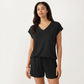 2-Piece Set Short Sleeve V Neck Top and Drawstring Shorts with Pockets Relaxed Fit Lounge Set