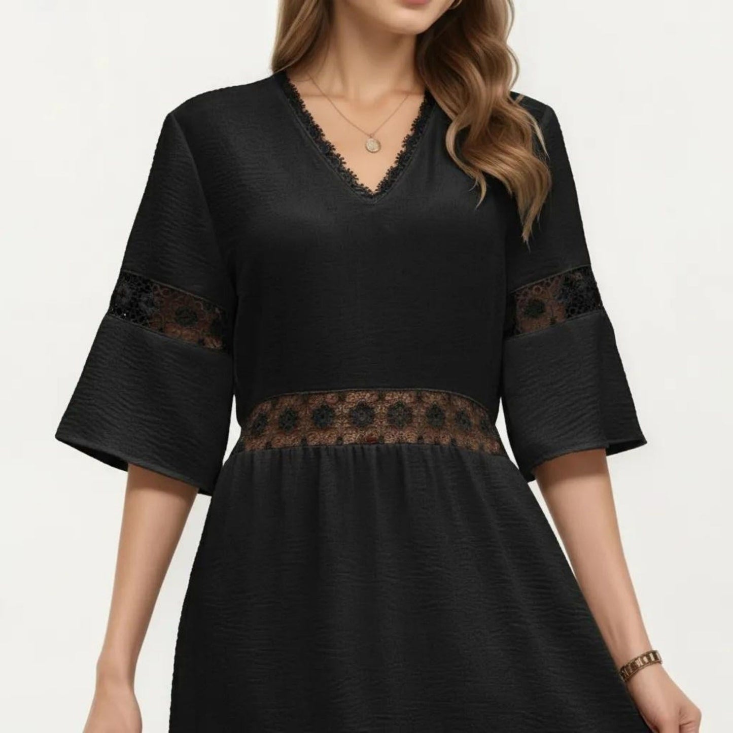 V Neck Midi Dress with Lace Trim Paneling and Short Wide Sleeves Flowing Silhouette