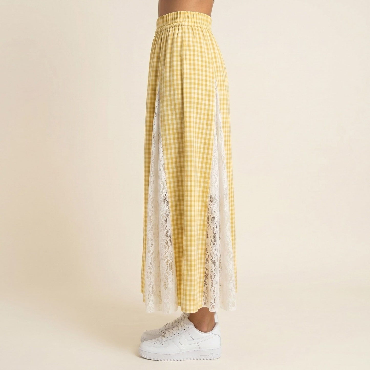 Gingham Maxi Skirt Lace Panel High Waist A Line Flowy Lightweight Casual Skirt