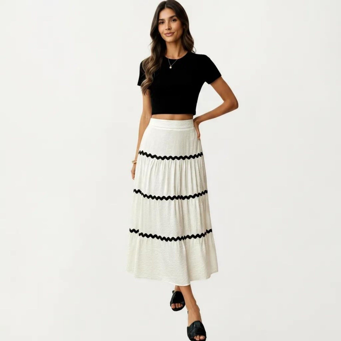 High Waist Tiered Midi Skirt with Wavy Trim Detail Flowy A-Line Silhouette Lightweight Fabric