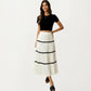 High Waist Tiered Midi Skirt with Wavy Trim Detail Flowy A-Line Silhouette Lightweight Fabric