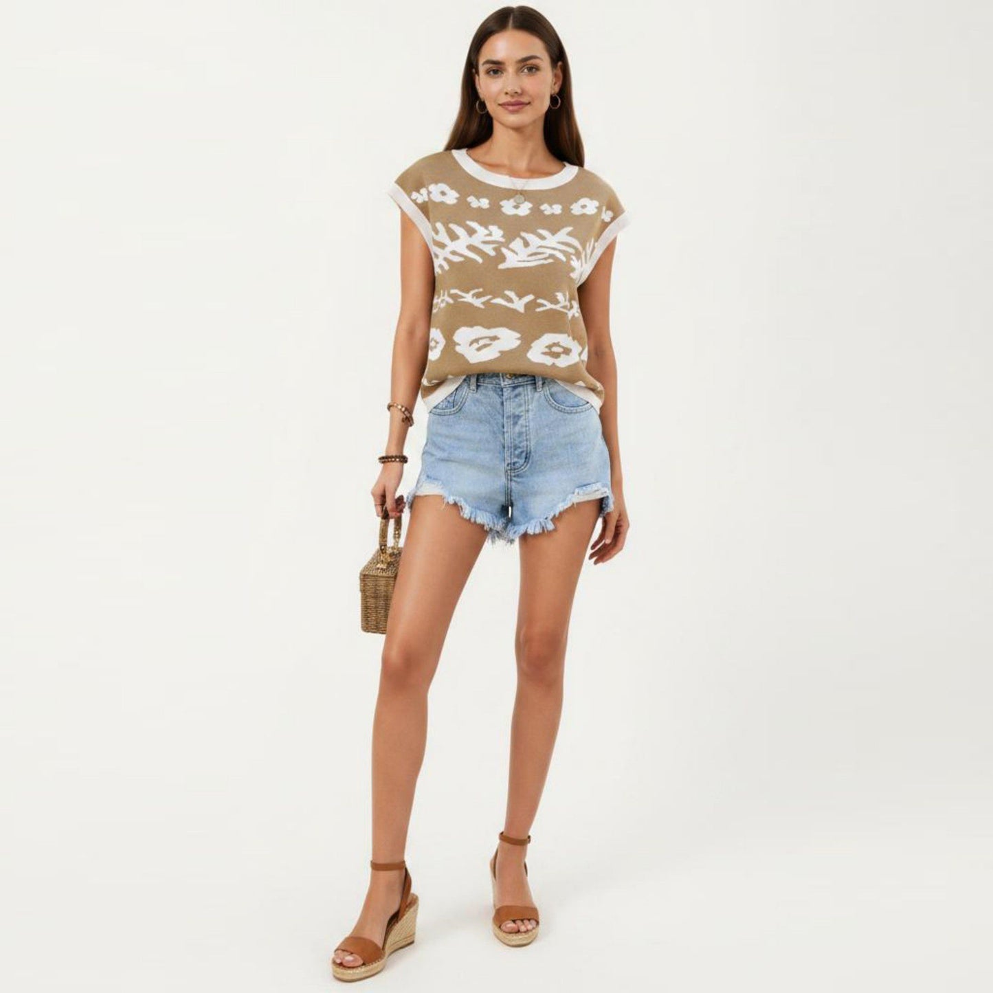 Sleeveless Floral Knit Vest Top with Crew Neck and Contrast Trim