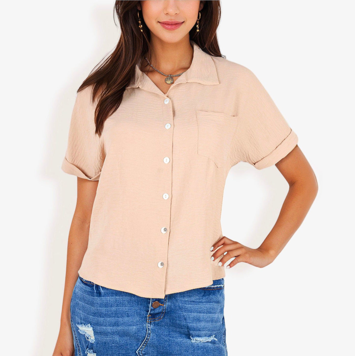 Short Sleeve Button Down Shirt Front Pocket Notched Collar