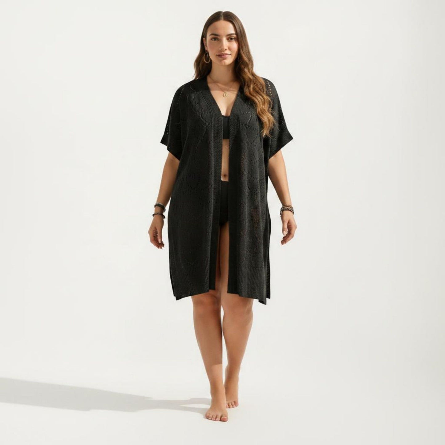 Open Front Knit Cardigan with Heart Pointelle Pattern Short Sleeves Relaxed Mid Length Fit
