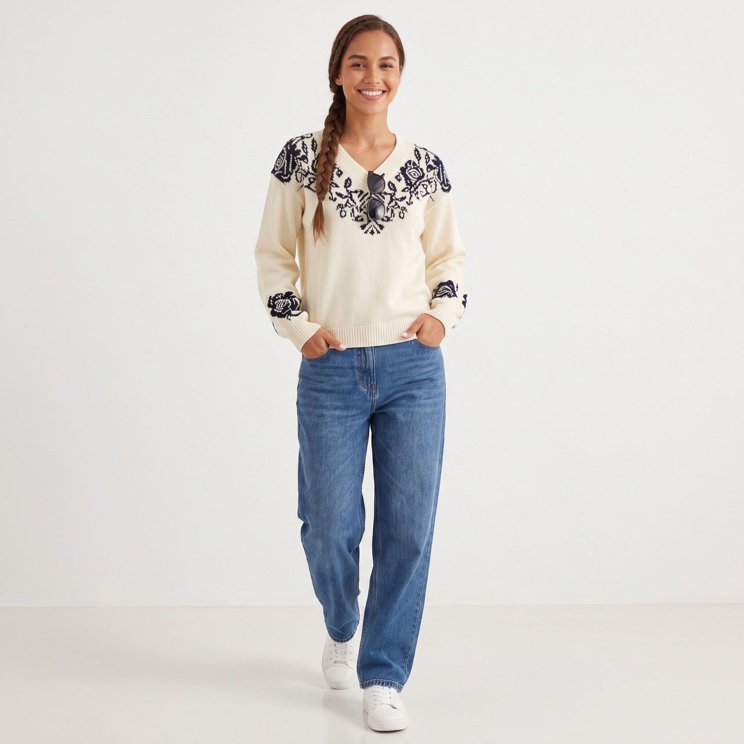 Floral Jacquard V Neck Long Sleeve Pullover Sweater
