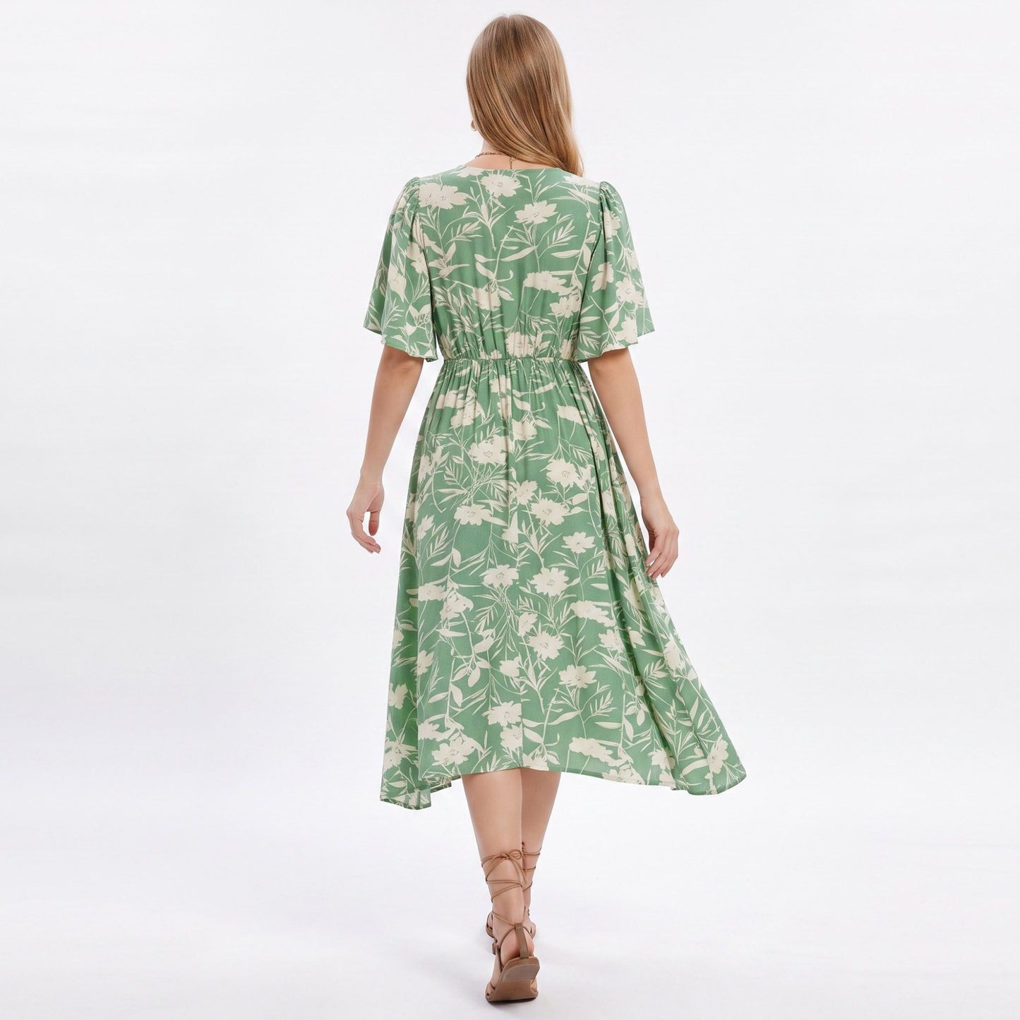 Floral Print Flutter Sleeve Smocked Waist Midi Dress