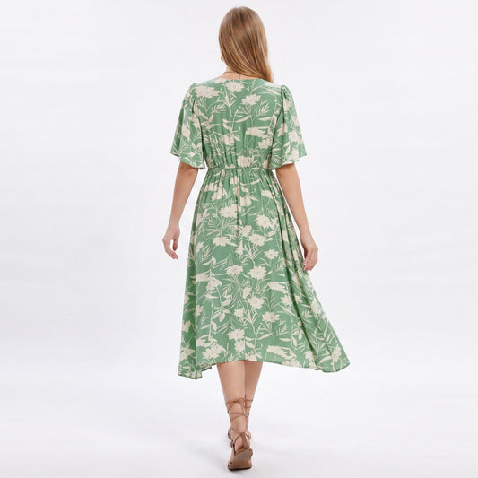 Floral Print Flutter Sleeve Smocked Waist Midi Dress