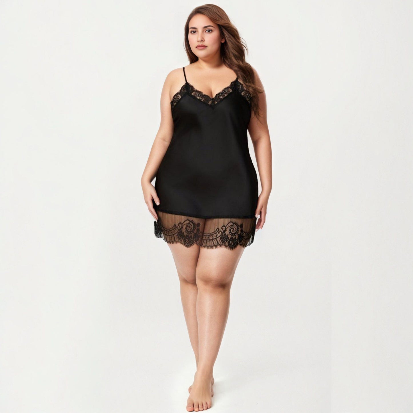 Plus Size Satin Chemise Lace Trim V Neck Sleep Dress Adjustable Strap Slip Nightgown