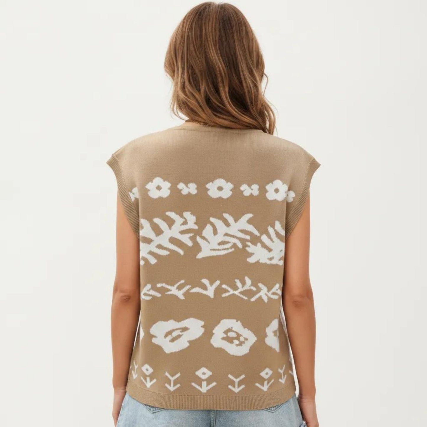 Sleeveless Floral Knit Vest Top with V-Neck Front and Button Detail