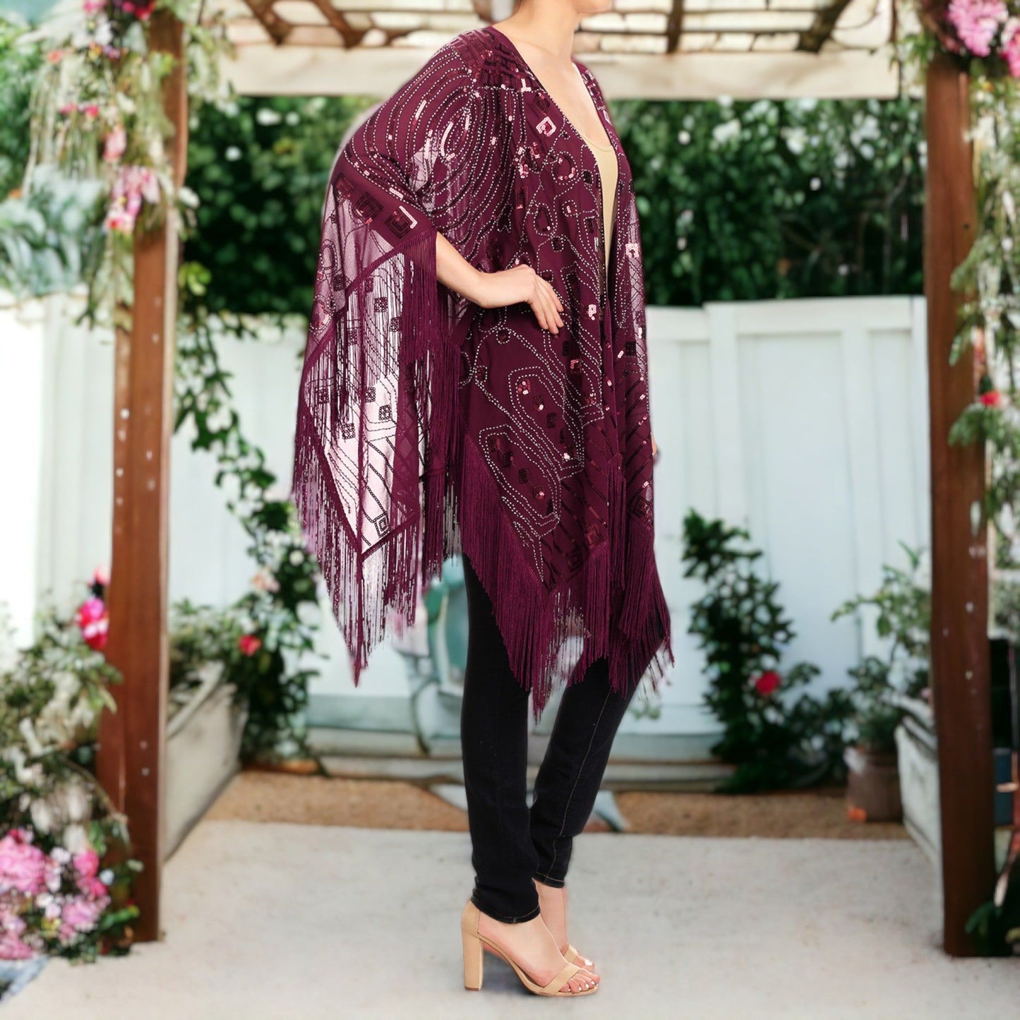 Semi Sheer Boho Sequin Fringe Sparkle Drop Shoulder Shrug