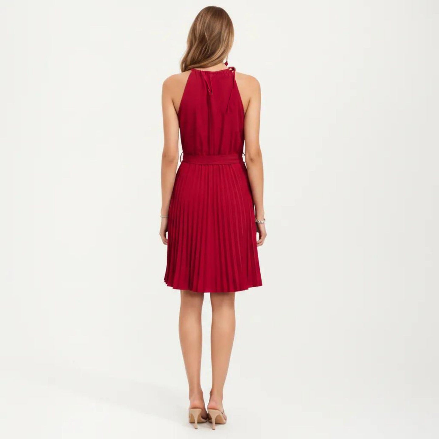Sleeveless Halter Midi Dress with Pleated Skirt and Waist Tie