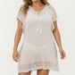 Knit Swim Cover Up Dress with Tassel Tie Neck Open Knit Trim and Relaxed Short Sleeves