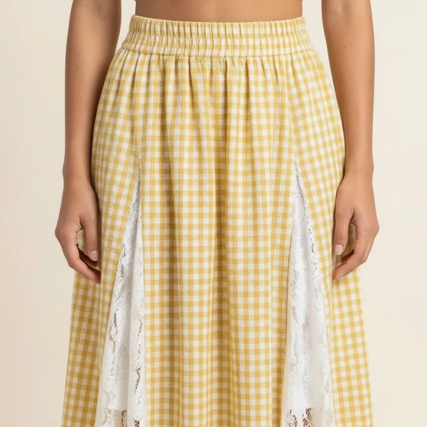 Gingham Maxi Skirt Lace Panel High Waist A Line Flowy Lightweight Casual Skirt