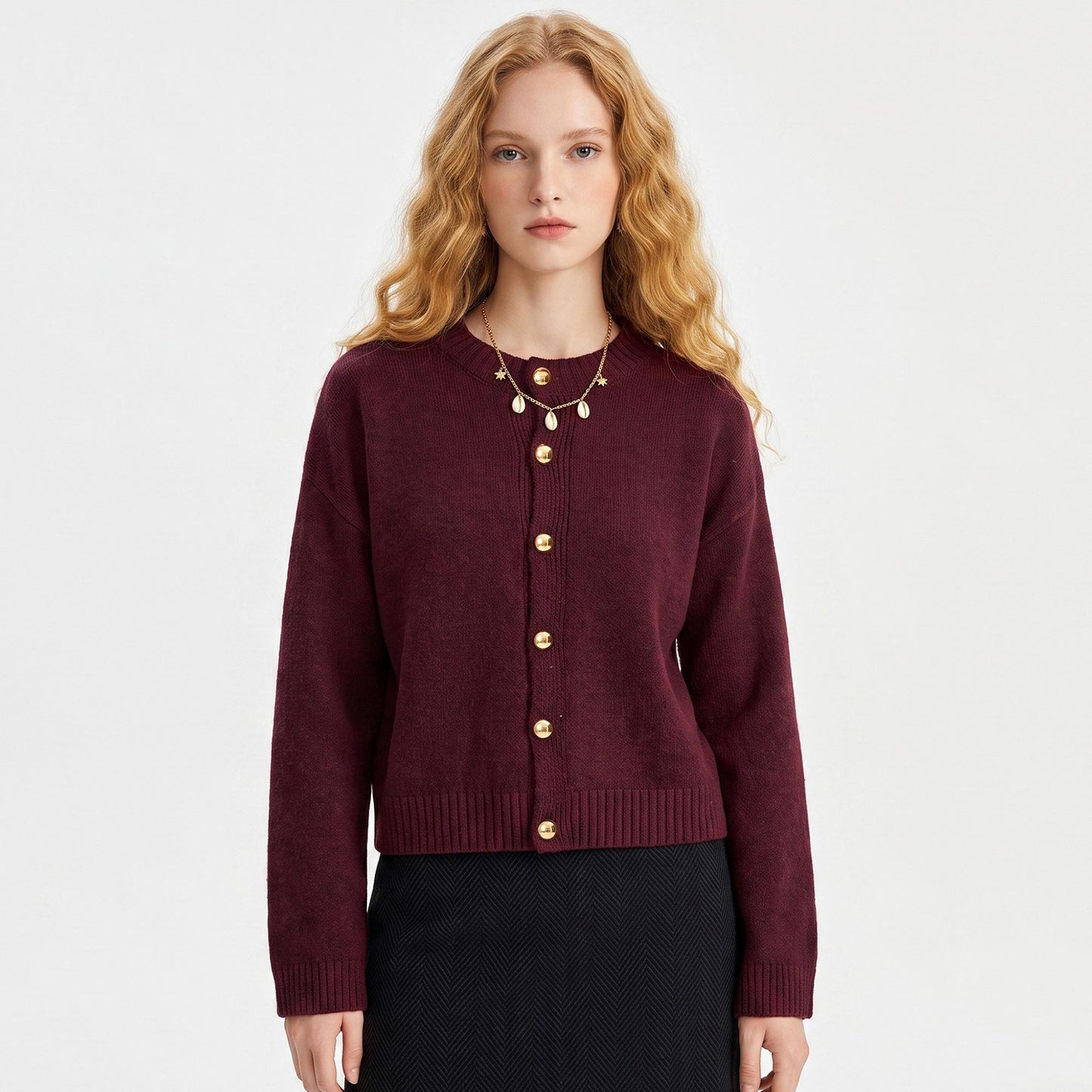 Gold Button Crewneck Cardigan Sweater