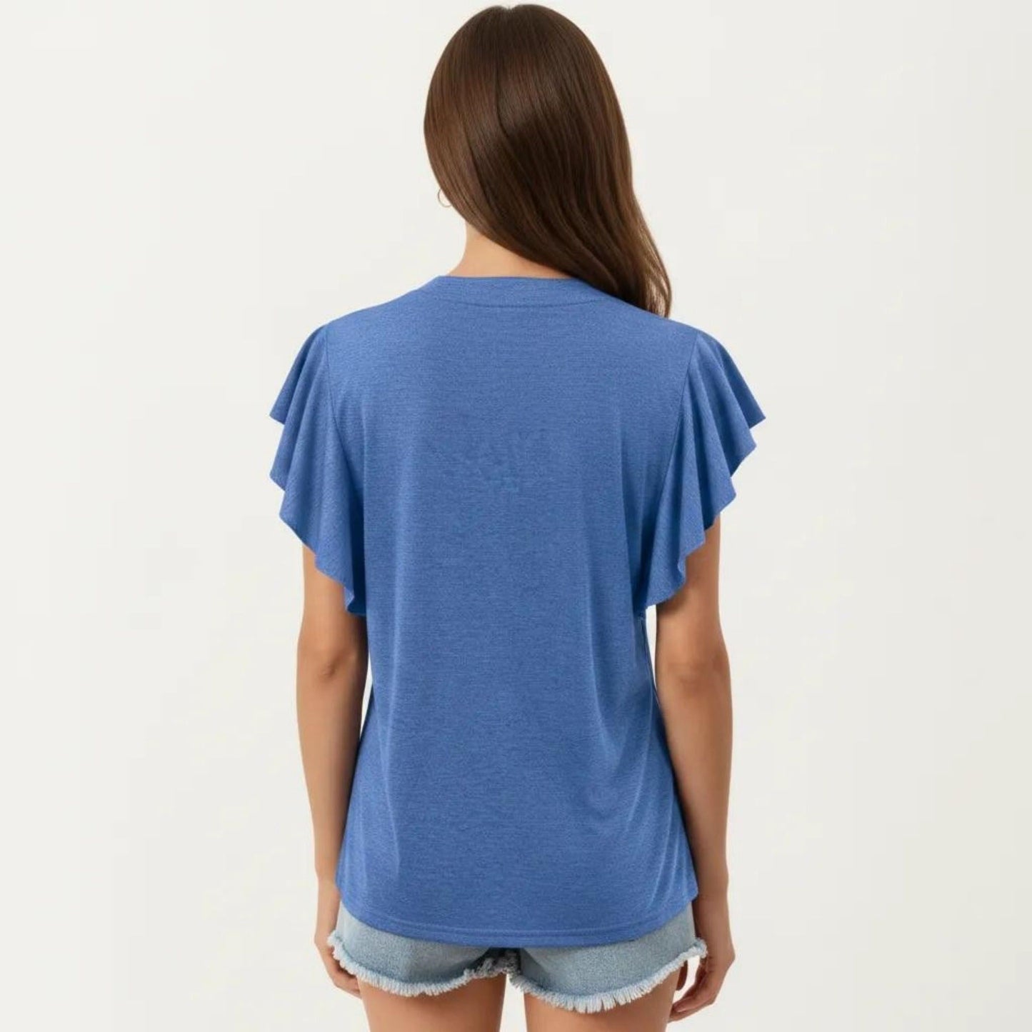 Short Sleeve Top with Flutter Ruffle Sleeves and Split V Neck Relaxed Fit Casual Shirt