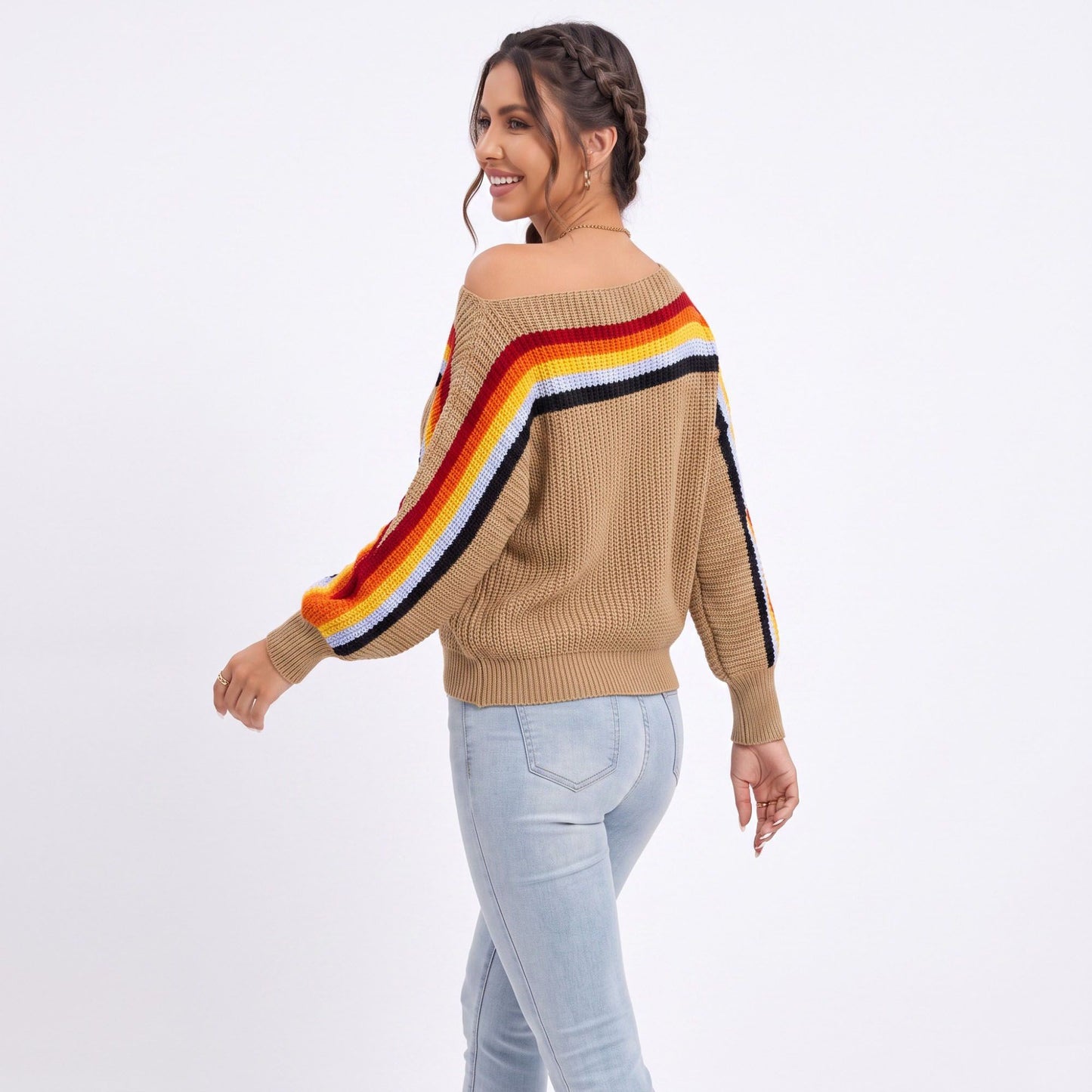 Rainbow Stripe One Shoulder Balloon Sleeve Knit Sweater