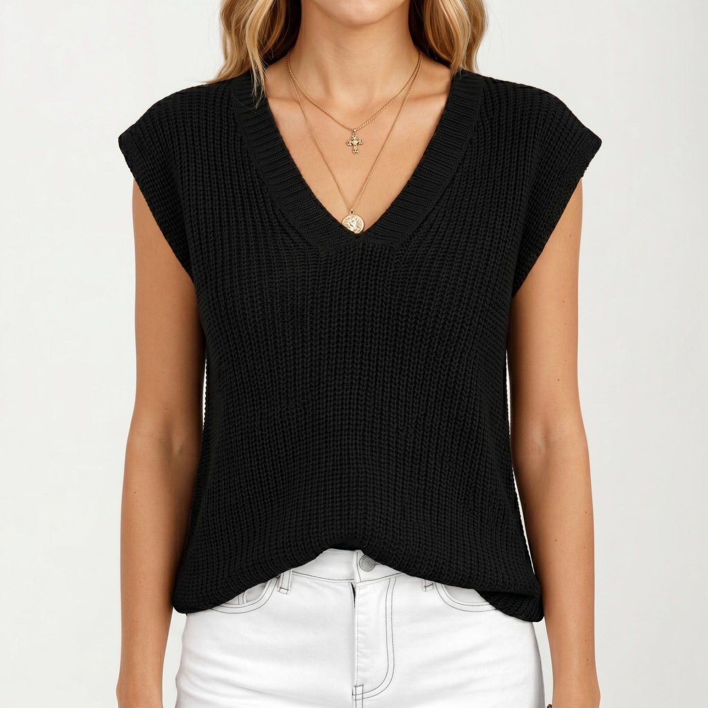 Sleeveless Knit Sweater Vest with V Neck Ribbed Trim Relaxed Fit Textured Pullover Top