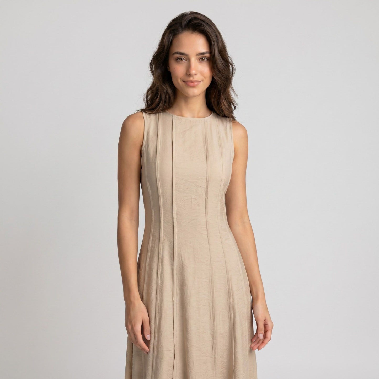 Sleeveless Round Neck Panel Seam Maxi Dress with Fitted Bodice Flowy A-Line Skirt and Soft Woven Drape