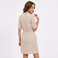 Waffle Knit Collared V-Neck Drawstring Short Dress