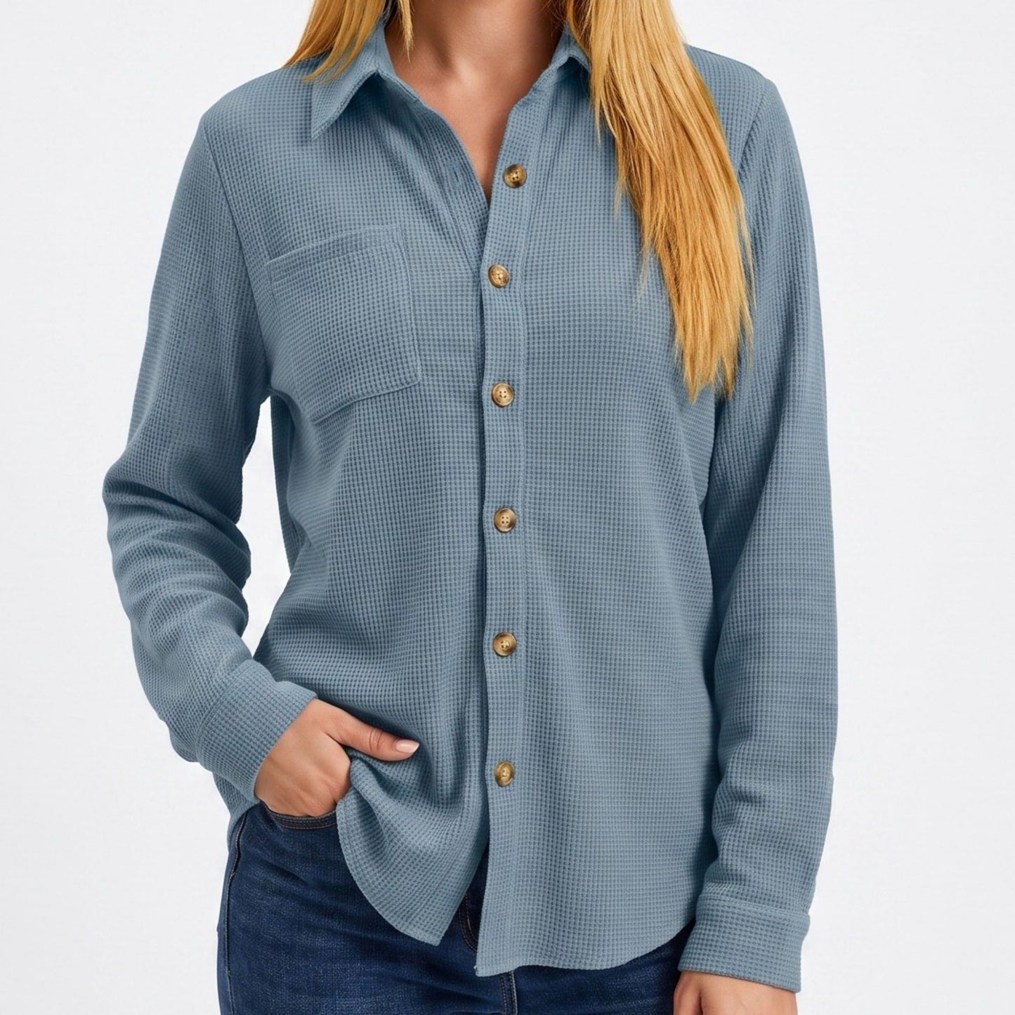 Textured Button Front Long Sleeve Shirt with Chest Pocket