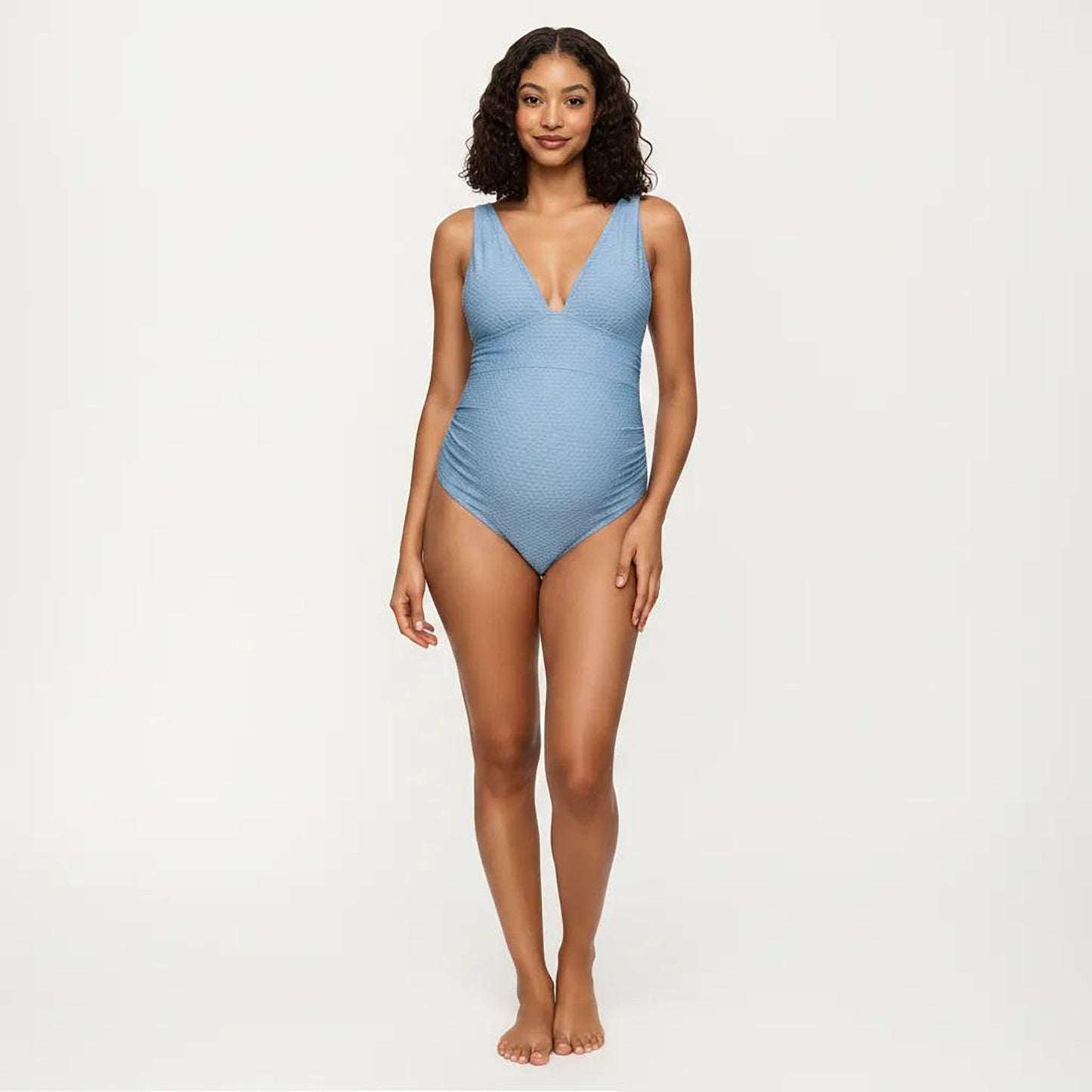 Maternity Ribbed One-Piece Swimsuit with Plunge Neckline and Side Gathering