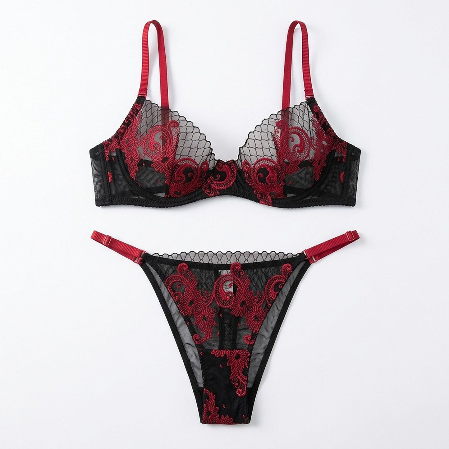 Floral Embroidered Mesh Underwire Bra and Panty Two Piece Lingerie Set