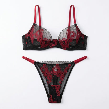 Floral Embroidered Mesh Underwire Bra and Panty Two Piece Lingerie Set