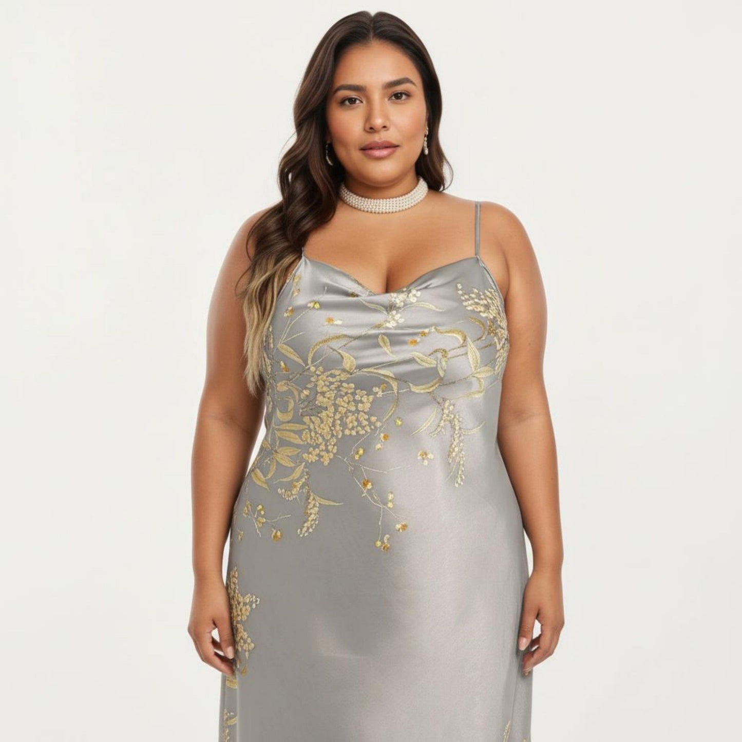 Plus Size Satin Floral Slip Nightgown with Adjustable Spaghetti Straps Cowl Neck Midi Length Sleepwear Dress