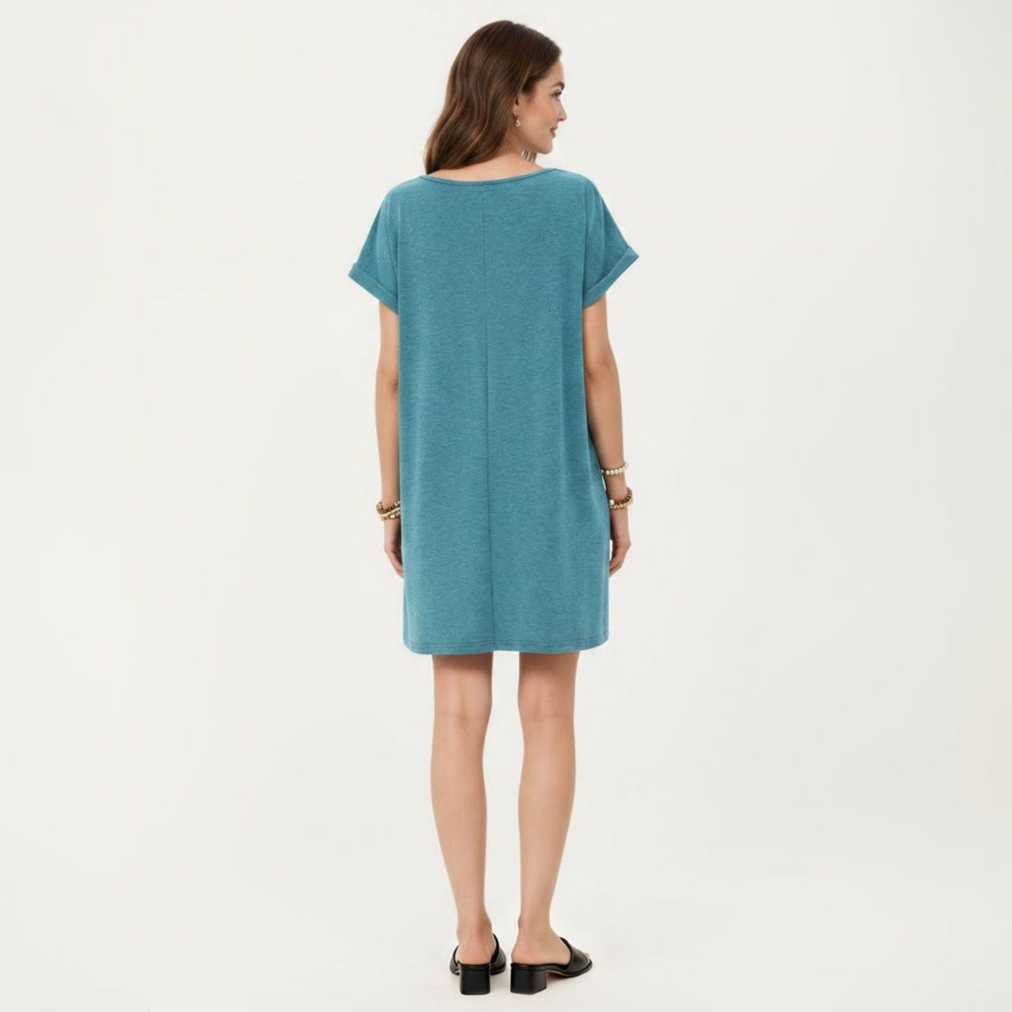 Short Sleeve Shift Dress with Split V Neck Embroidered Detail Relaxed Fit Casual Tunic Dress