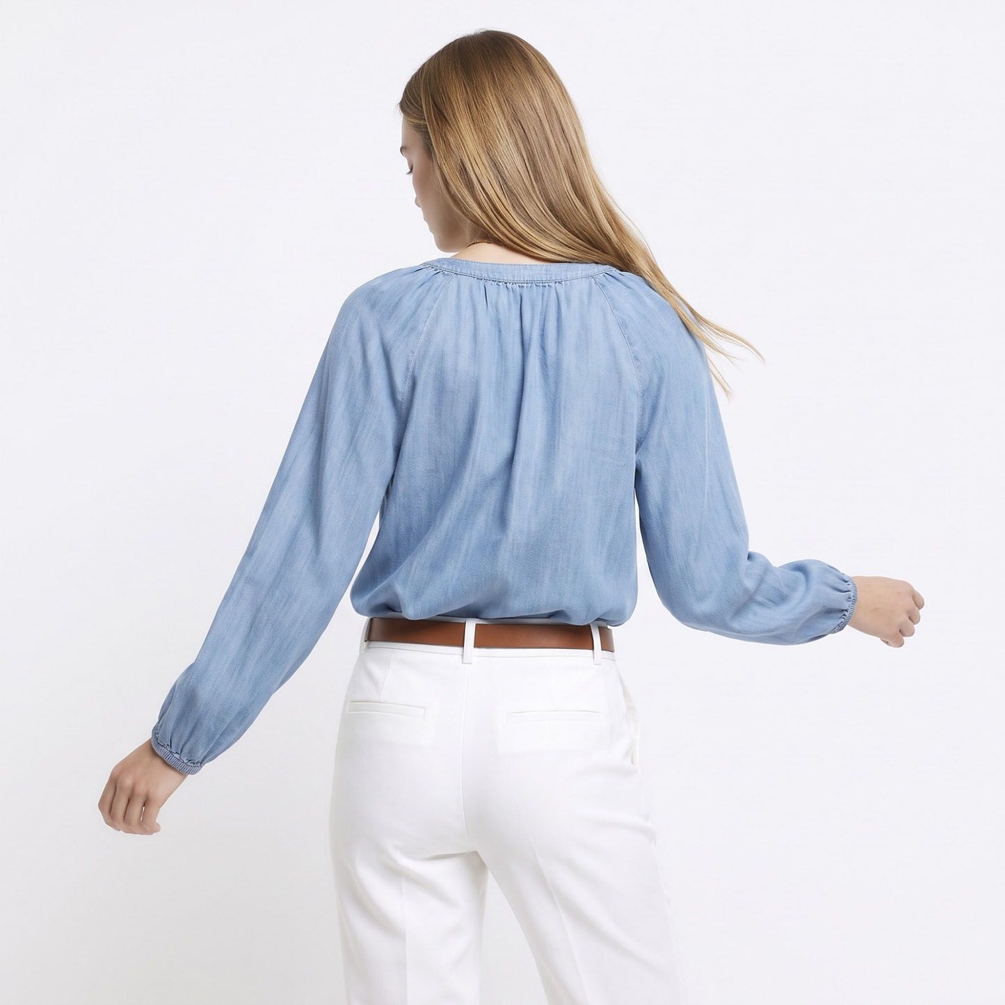 Chambray Blouse Split Neck Button Front Long Sleeve Relaxed Fit Top