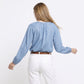 Chambray Blouse Split Neck Button Front Long Sleeve Relaxed Fit Top